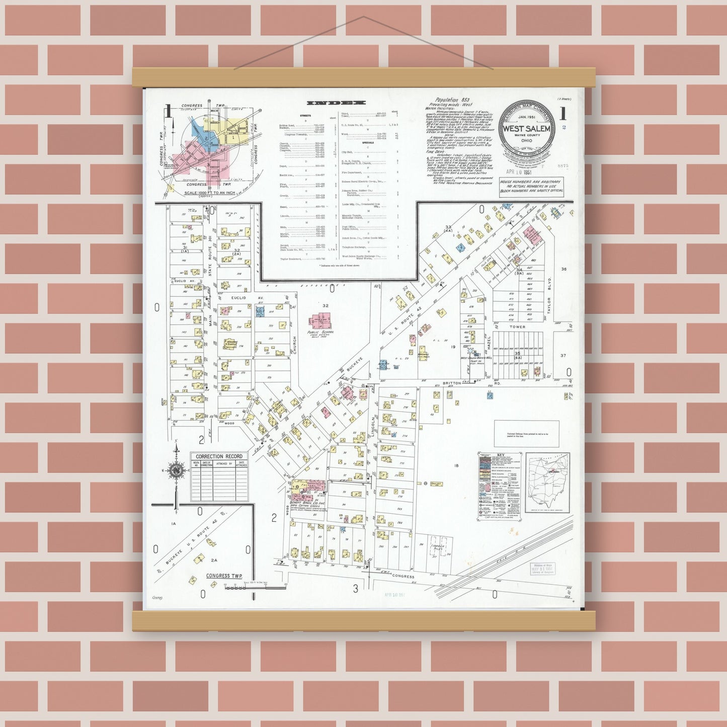 Old map wall art mockup — magnetic wood frame on brick wall — Sanborn Fire Insurance Map from West Salem, Wayne County, Ohio (1951), Sheet #0001