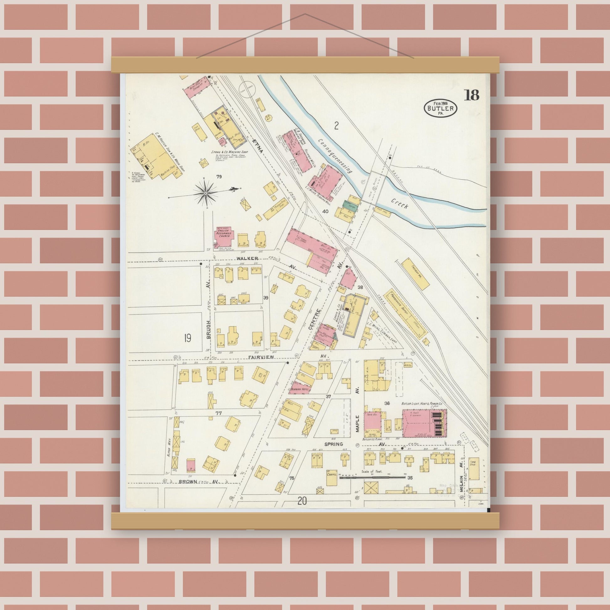 Old map wall art mockup — magnetic wood frame on brick wall — Sanborn Fire Insurance Map from Butler, Butler County, Pennsylvania (1906), Sheet #0018