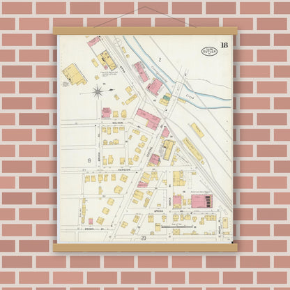 Old map wall art mockup — magnetic wood frame on brick wall — Sanborn Fire Insurance Map from Butler, Butler County, Pennsylvania (1906), Sheet #0018