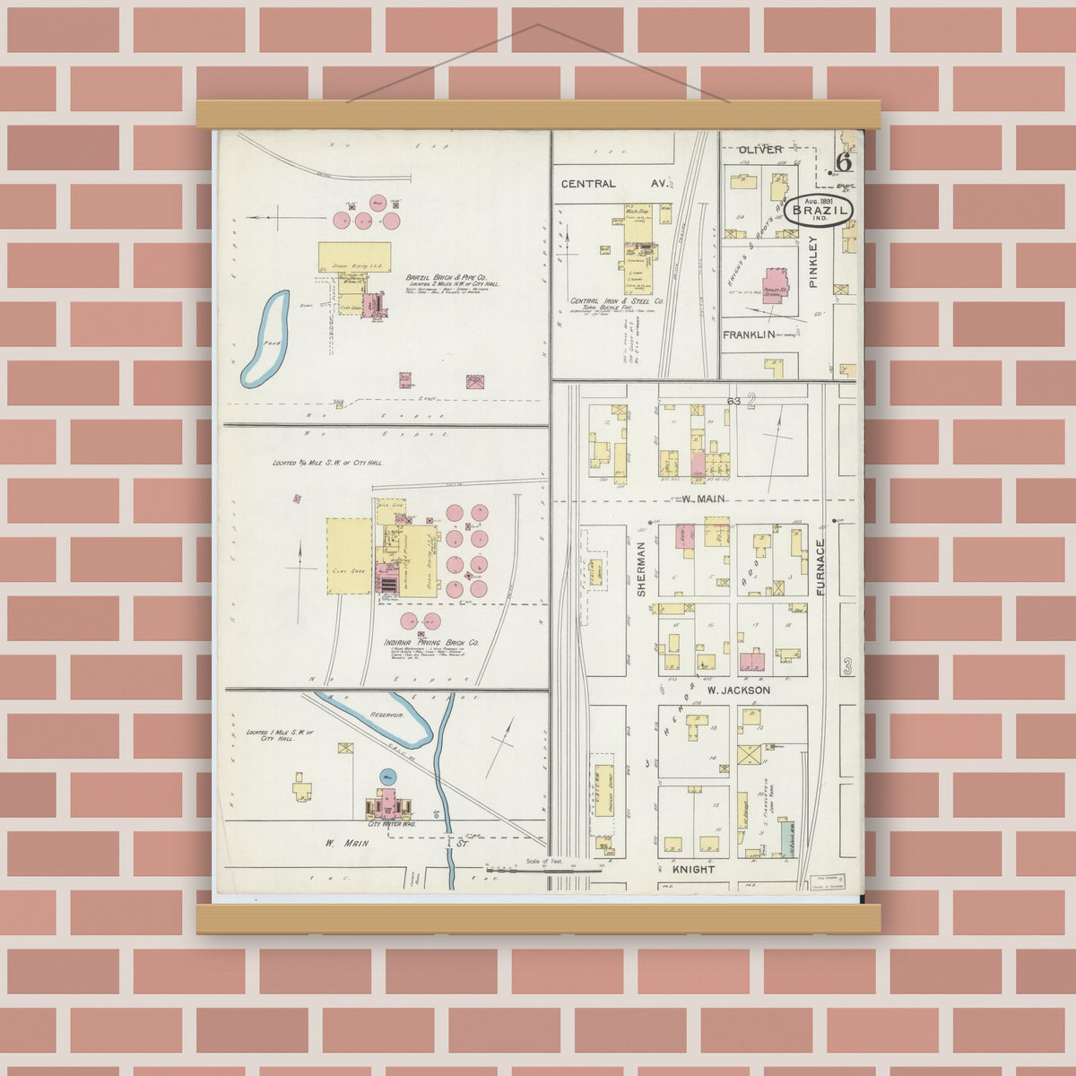 Old map wall art mockup — magnetic wood frame on brick wall — Sanborn Fire Insurance Map from Brazil, Clay County, Indiana (1892), Sheet #0006