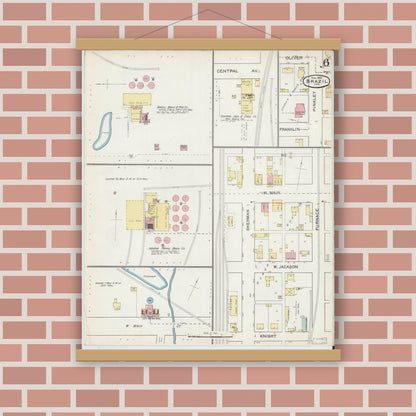 Old map wall art mockup — magnetic wood frame on brick wall — Sanborn Fire Insurance Map from Brazil, Clay County, Indiana (1892), Sheet #0006