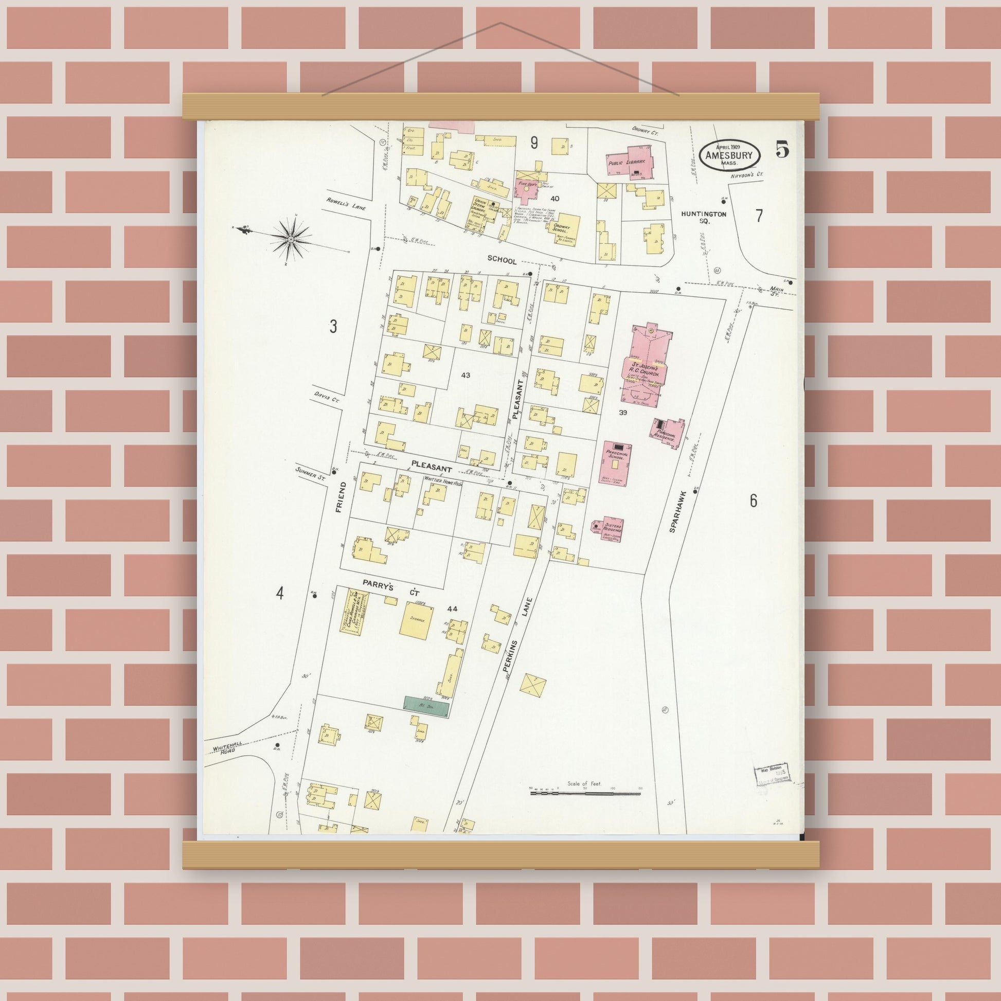 Old map wall art mockup — magnetic wood frame on brick wall — Sanborn Fire Insurance Map from Amesbury, Essex County, Massachusetts (1909), Sheet #0005