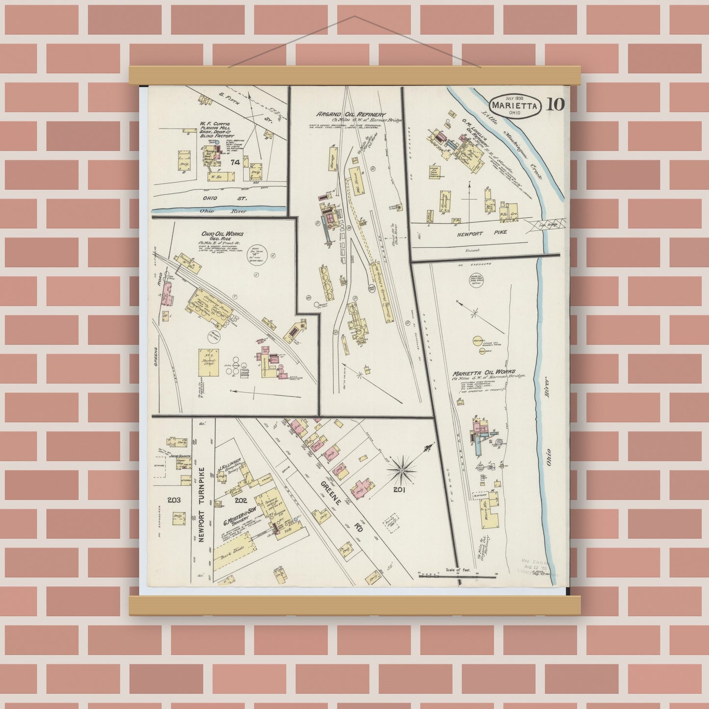 Old map wall art mockup — magnetic wood frame on brick wall — Sanborn Fire Insurance Map from Marietta, Washington County, Ohio (1890), Sheet #0010