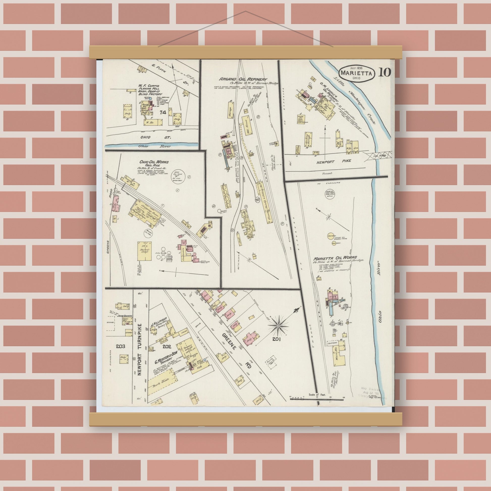Old map wall art mockup — magnetic wood frame on brick wall — Sanborn Fire Insurance Map from Marietta, Washington County, Ohio (1890), Sheet #0010