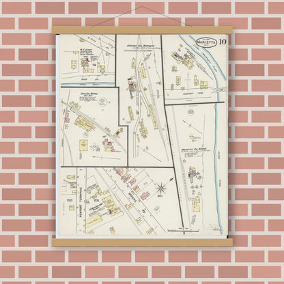 Old map wall art mockup — magnetic wood frame on brick wall — Sanborn Fire Insurance Map from Marietta, Washington County, Ohio (1890), Sheet #0010