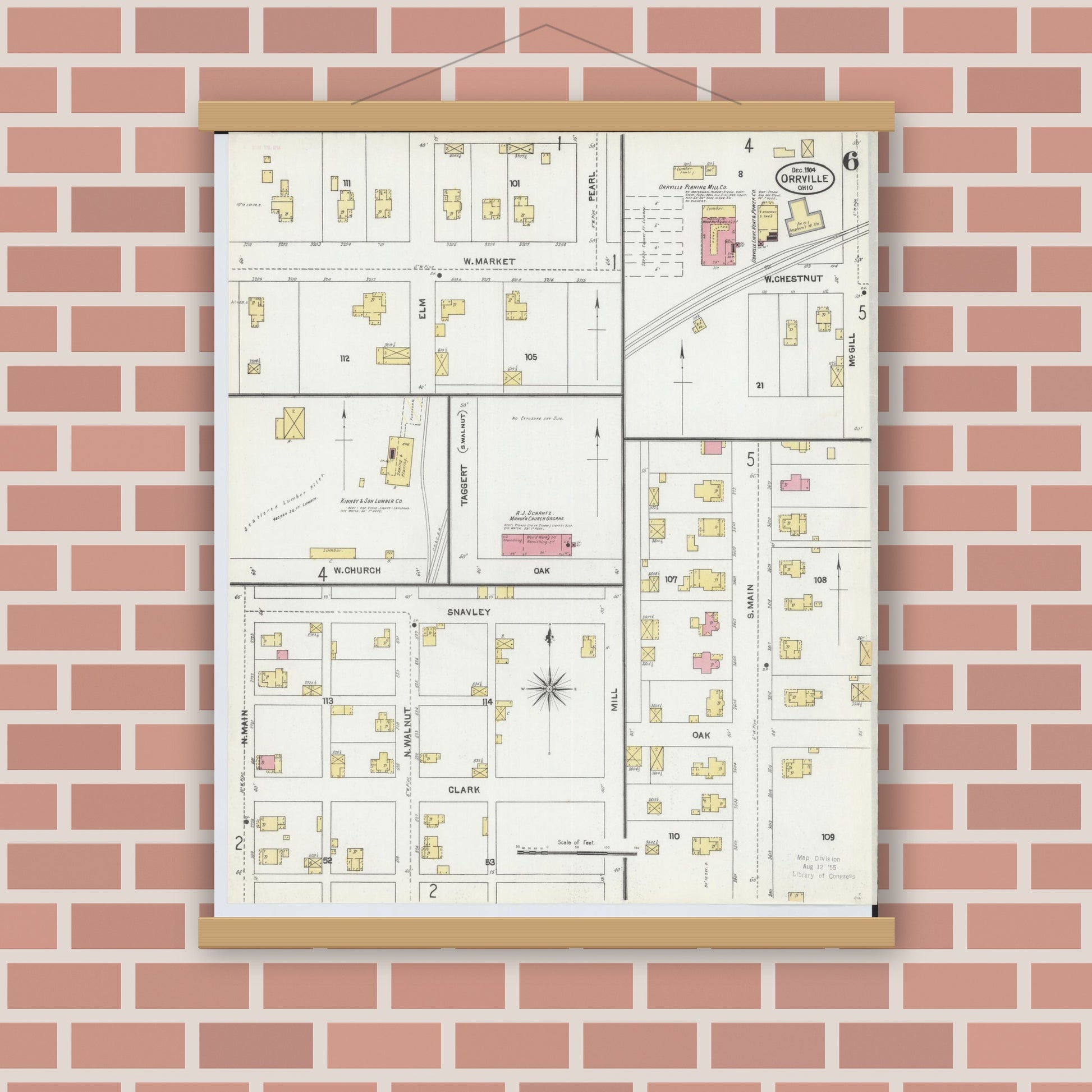 Old map wall art mockup — magnetic wood frame on brick wall — Sanborn Fire Insurance Map from Orrville, Wayne County, Ohio (1904), Sheet #0006