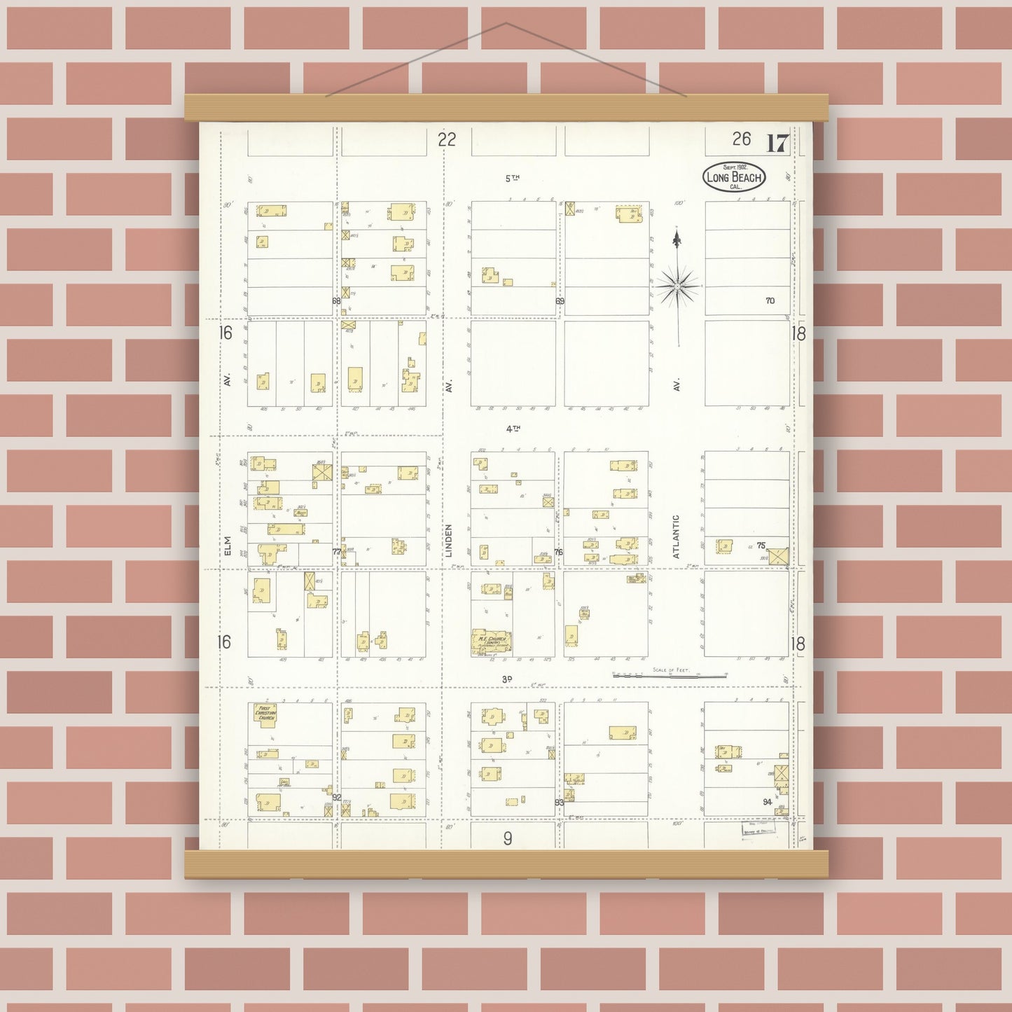 Old map wall art mockup — magnetic wood frame on brick wall — Sanborn Fire Insurance Map from Long Beach, Los Angeles County, California (1902), Sheet #0017