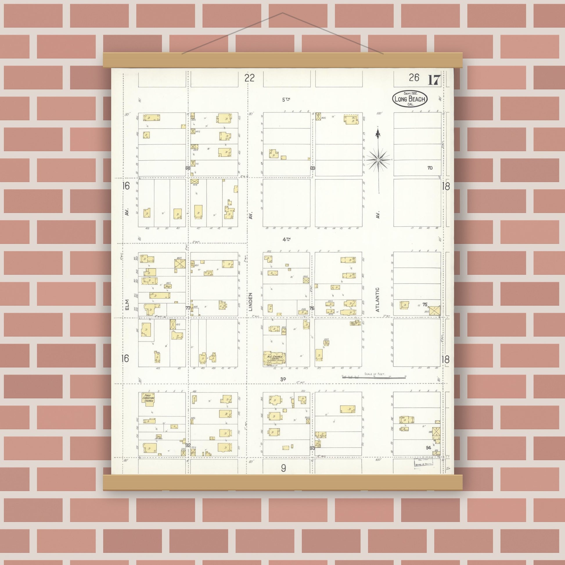 Old map wall art mockup — magnetic wood frame on brick wall — Sanborn Fire Insurance Map from Long Beach, Los Angeles County, California (1902), Sheet #0017