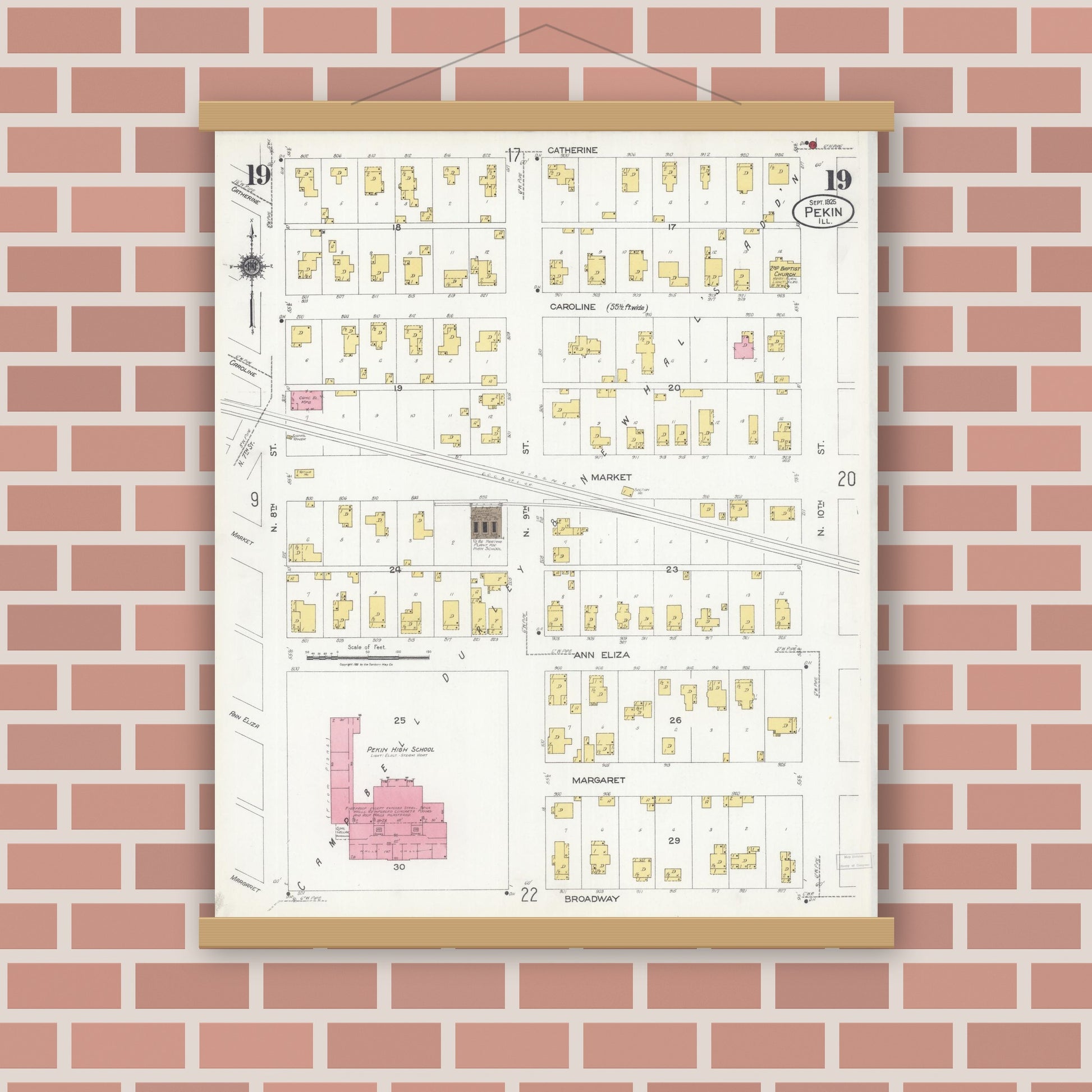 Old map wall art mockup — magnetic wood frame on brick wall — Sanborn Fire Insurance Map from Pekin, Tazewell County, Illinois (1925), Sheet #0019