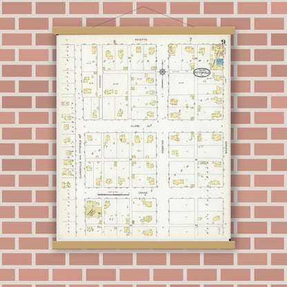 Old map wall art mockup — magnetic wood frame on brick wall — Sanborn Fire Insurance Map from Pittsfield, Pike County, Illinois (1913), Sheet #0009
