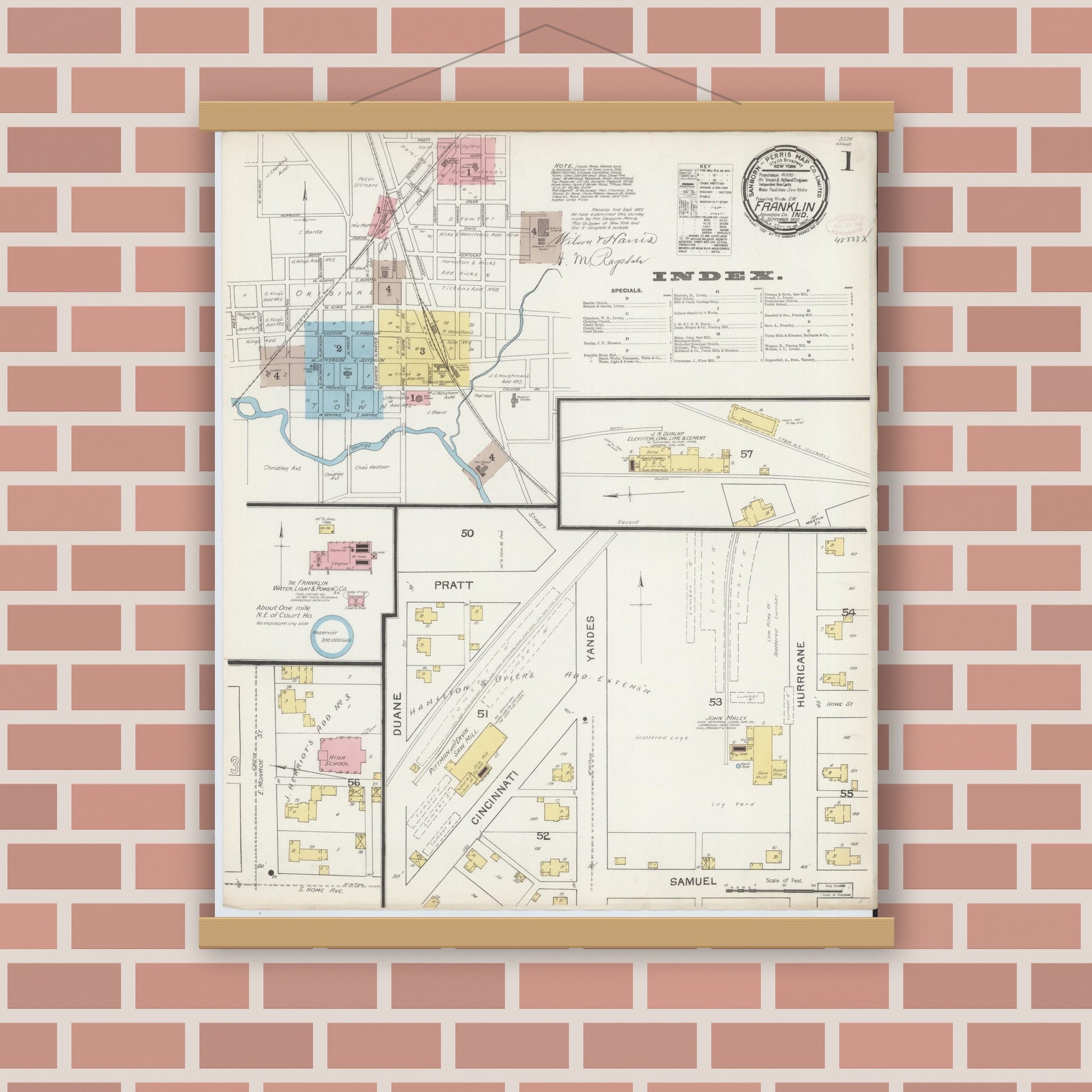 Old map wall art mockup — magnetic wood frame on brick wall — Sanborn Fire Insurance Map from Franklin, Johnson County, Indiana (1892) - Complete Map Set