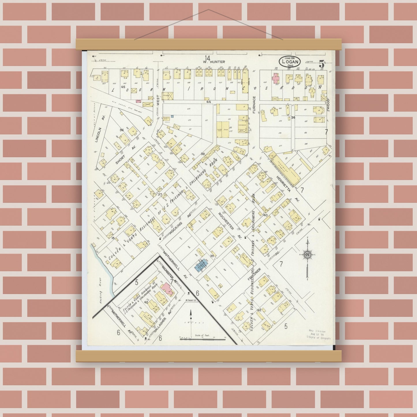 Old map wall art mockup — magnetic wood frame on brick wall — Sanborn Fire Insurance Map from Logan, Hocking County, Ohio (1914), Sheet #0005