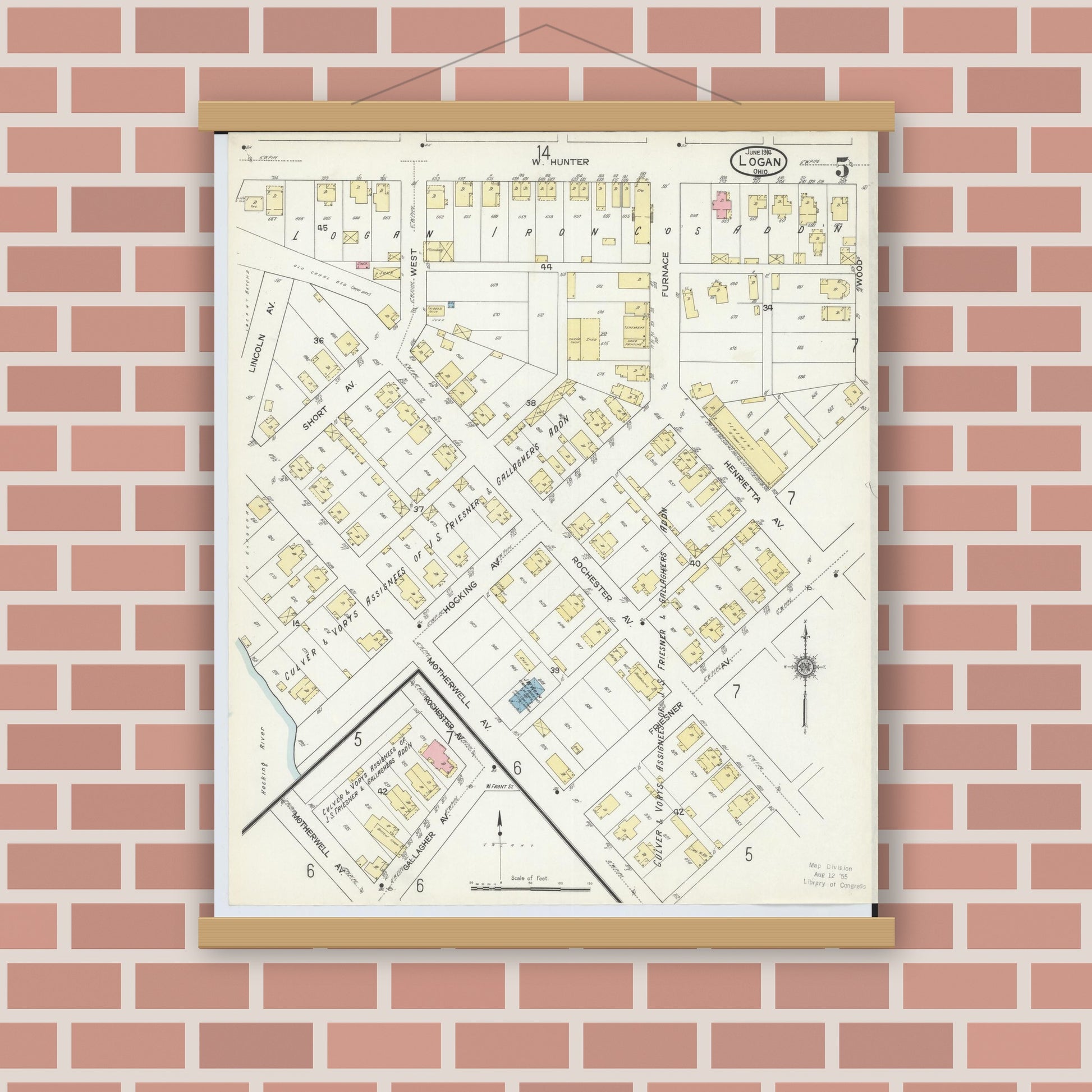 Old map wall art mockup — magnetic wood frame on brick wall — Sanborn Fire Insurance Map from Logan, Hocking County, Ohio (1914), Sheet #0005