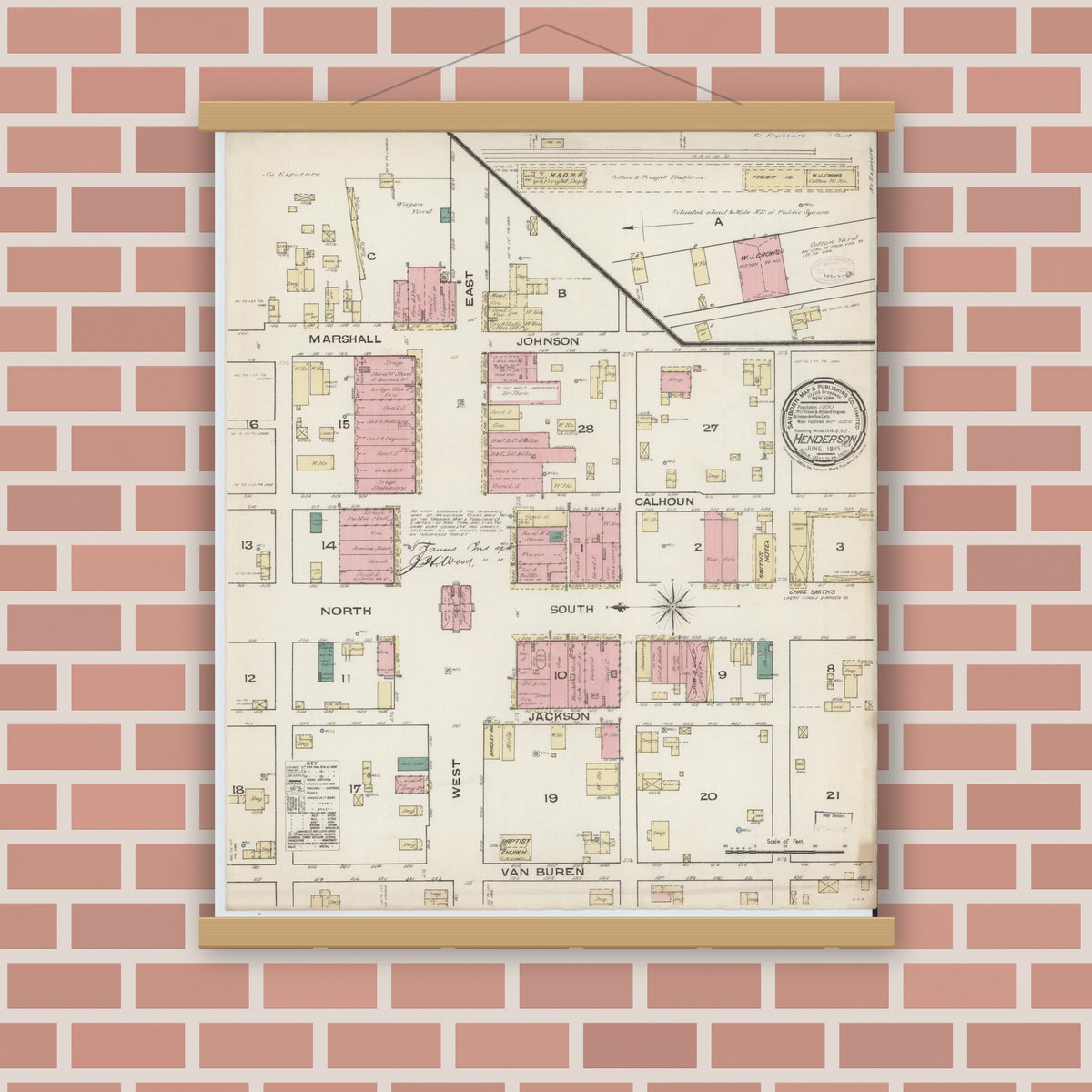 Old map wall art mockup — magnetic wood frame on brick wall — Sanborn Fire Insurance Map from Henderson, Rusk County, Texas (1885), Sheet #0001