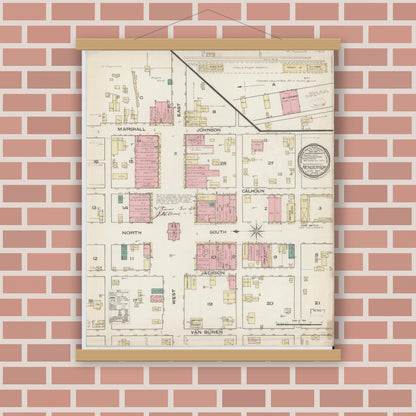 Old map wall art mockup — magnetic wood frame on brick wall — Sanborn Fire Insurance Map from Henderson, Rusk County, Texas (1885), Sheet #0001