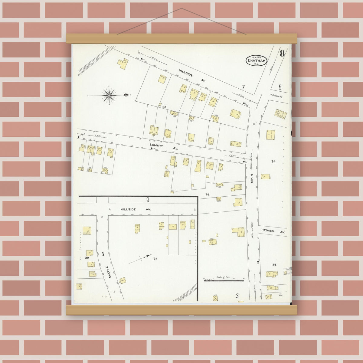 Old map wall art mockup — magnetic wood frame on brick wall — Sanborn Fire Insurance Map from Chatham, Morris County, New Jersey (1909), Sheet #0008