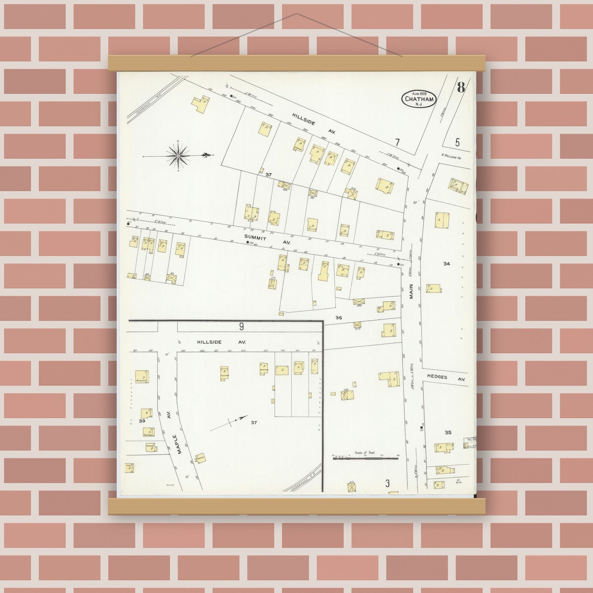 Old map wall art mockup — magnetic wood frame on brick wall — Sanborn Fire Insurance Map from Chatham, Morris County, New Jersey (1909), Sheet #0008