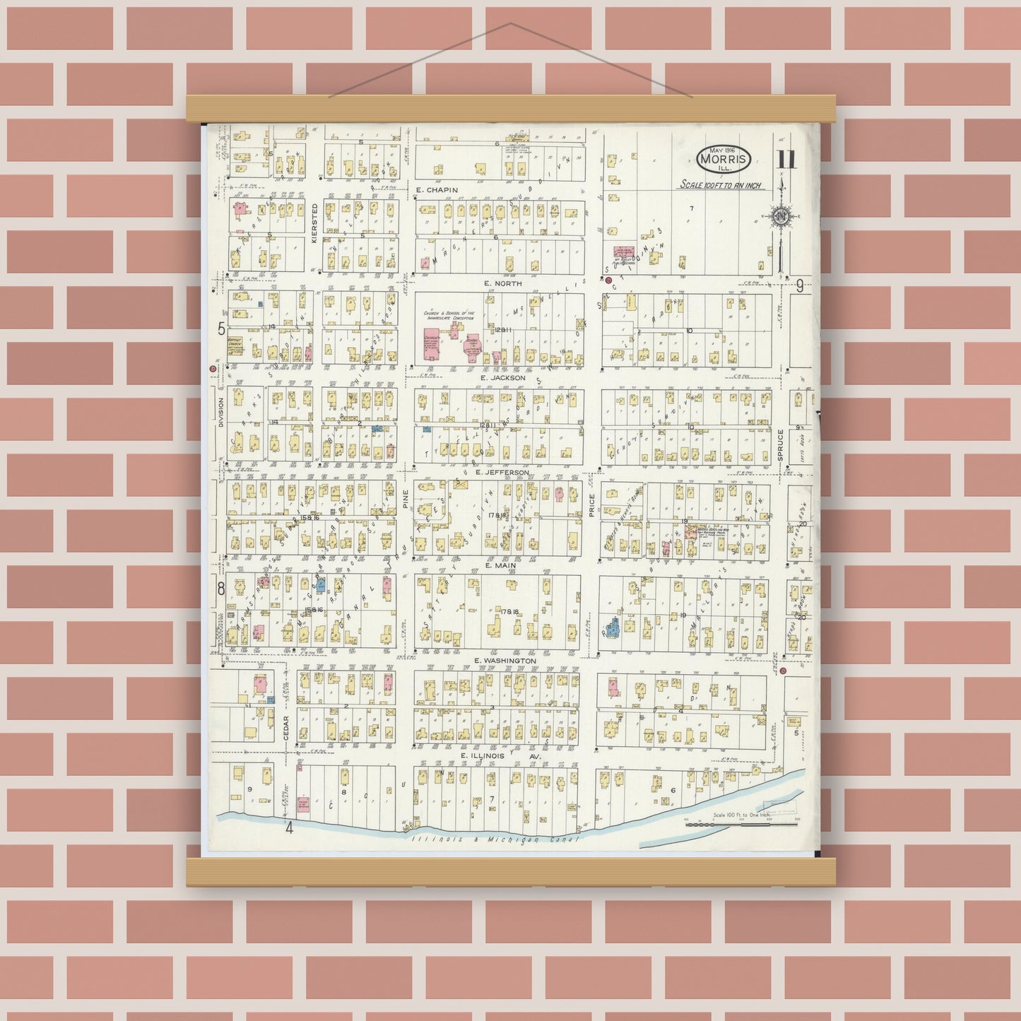 Old map wall art mockup — magnetic wood frame on brick wall — Sanborn Fire Insurance Map from Morris, Grundy County, Illinois (1916), Sheet #0011