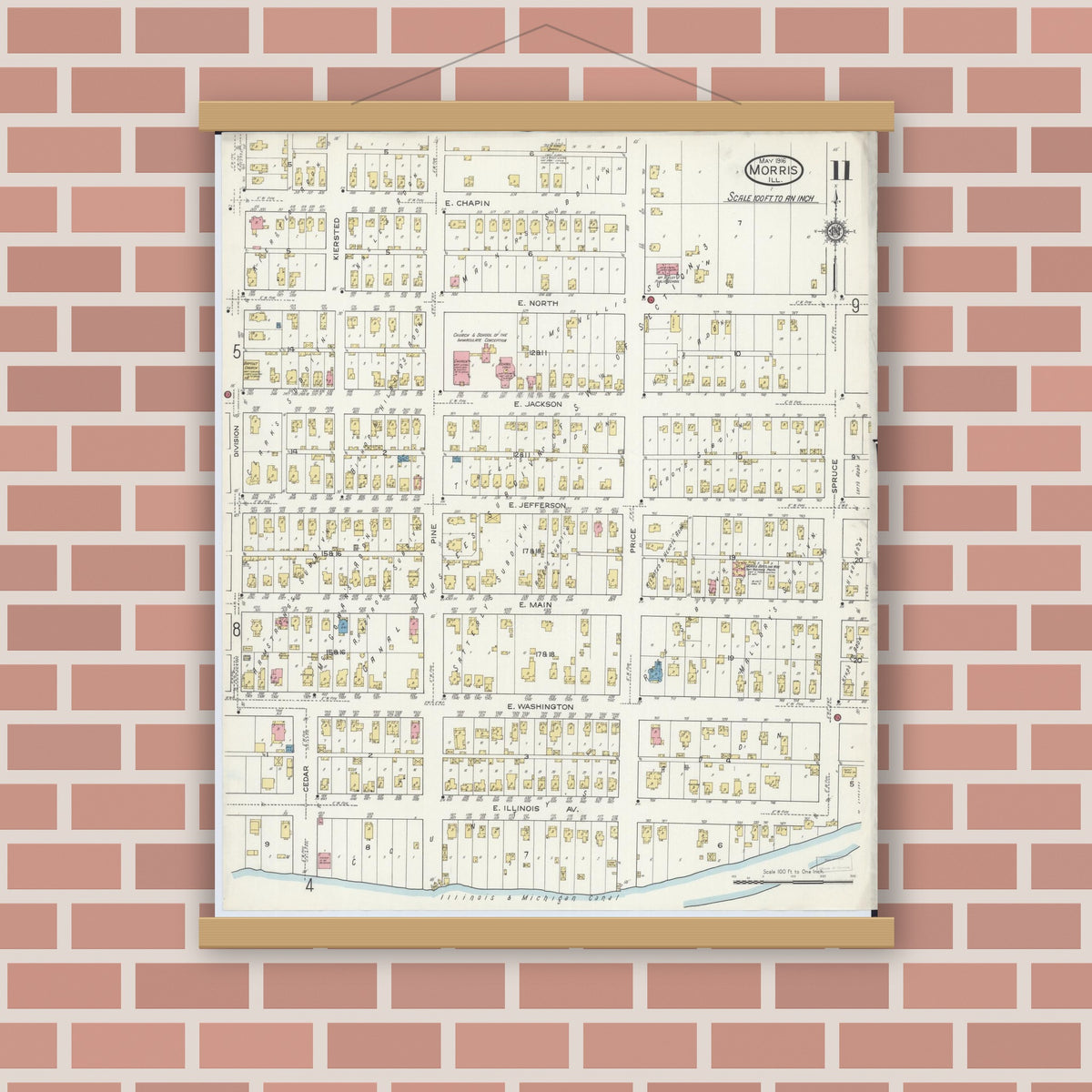 Old map wall art mockup — magnetic wood frame on brick wall — Sanborn Fire Insurance Map from Morris, Grundy County, Illinois (1916), Sheet #0011