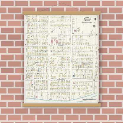 Old map wall art mockup — magnetic wood frame on brick wall — Sanborn Fire Insurance Map from Morris, Grundy County, Illinois (1916), Sheet #0011