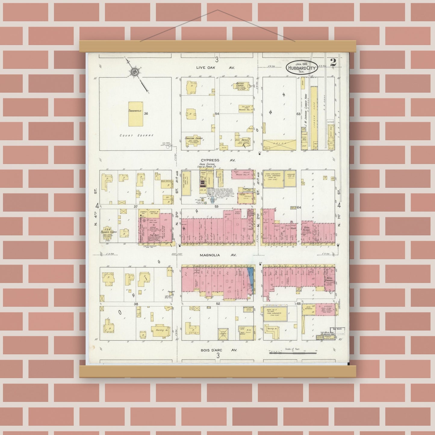 Old map wall art mockup — magnetic wood frame on brick wall — Sanborn Fire Insurance Map from Hubbard, Hill County, Texas (1916), Sheet #0002