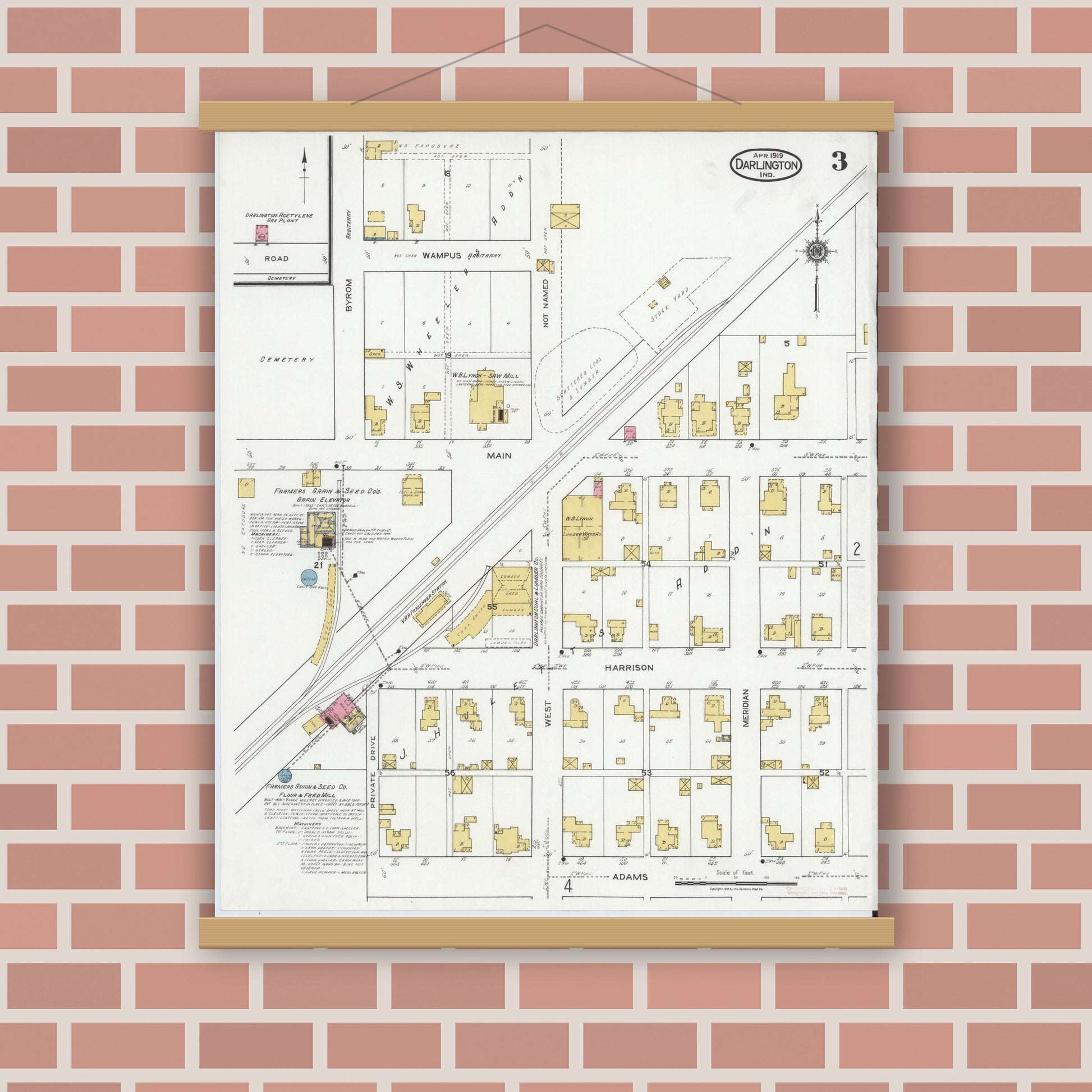 Old map wall art mockup — magnetic wood frame on brick wall — Sanborn Fire Insurance Map from Darlington, Montgomery County, Indiana (1919), Sheet #0003