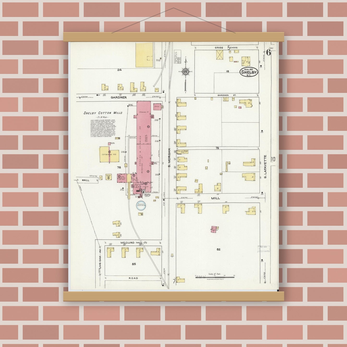 Old map wall art mockup — magnetic wood frame on brick wall — Sanborn Fire Insurance Map from Shelby, Cleveland County, North Carolina (1921), Sheet #0006