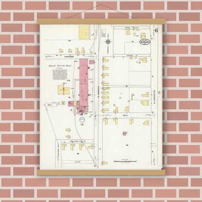 Old map wall art mockup — magnetic wood frame on brick wall — Sanborn Fire Insurance Map from Shelby, Cleveland County, North Carolina (1921), Sheet #0006