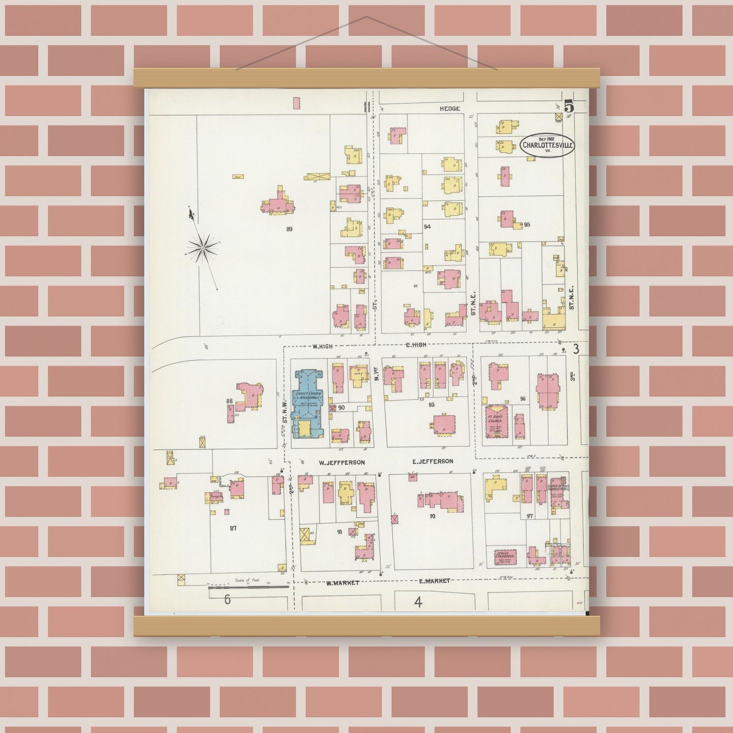 Old map wall art mockup — magnetic wood frame on brick wall — Sanborn Fire Insurance Map from Charlottesville, Independent Cities, Virginia (1902), Sheet #0005