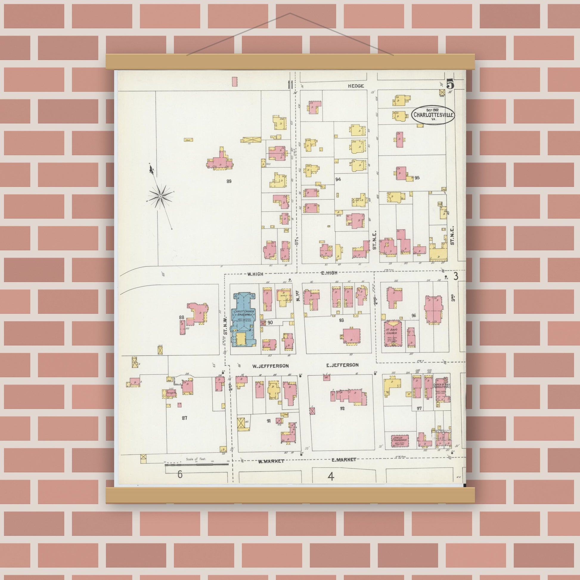 Old map wall art mockup — magnetic wood frame on brick wall — Sanborn Fire Insurance Map from Charlottesville, Independent Cities, Virginia (1902), Sheet #0005