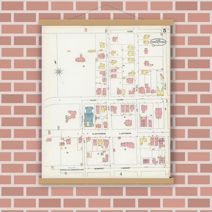 Old map wall art mockup — magnetic wood frame on brick wall — Sanborn Fire Insurance Map from Charlottesville, Independent Cities, Virginia (1902), Sheet #0005