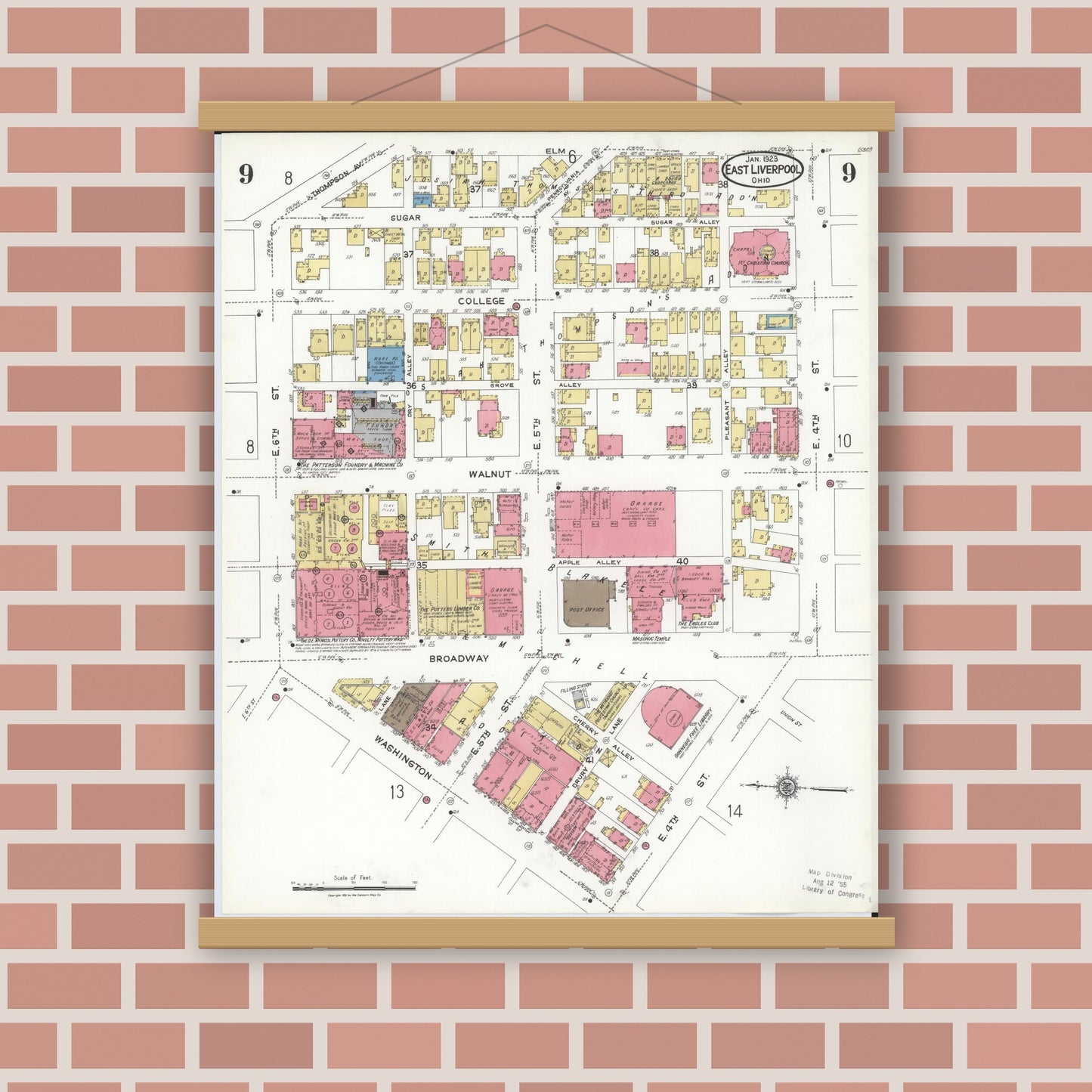 Old map wall art mockup — magnetic wood frame on brick wall — Sanborn Fire Insurance Map from East Liverpool, Columbiana County, Ohio (1923), Sheet #0009