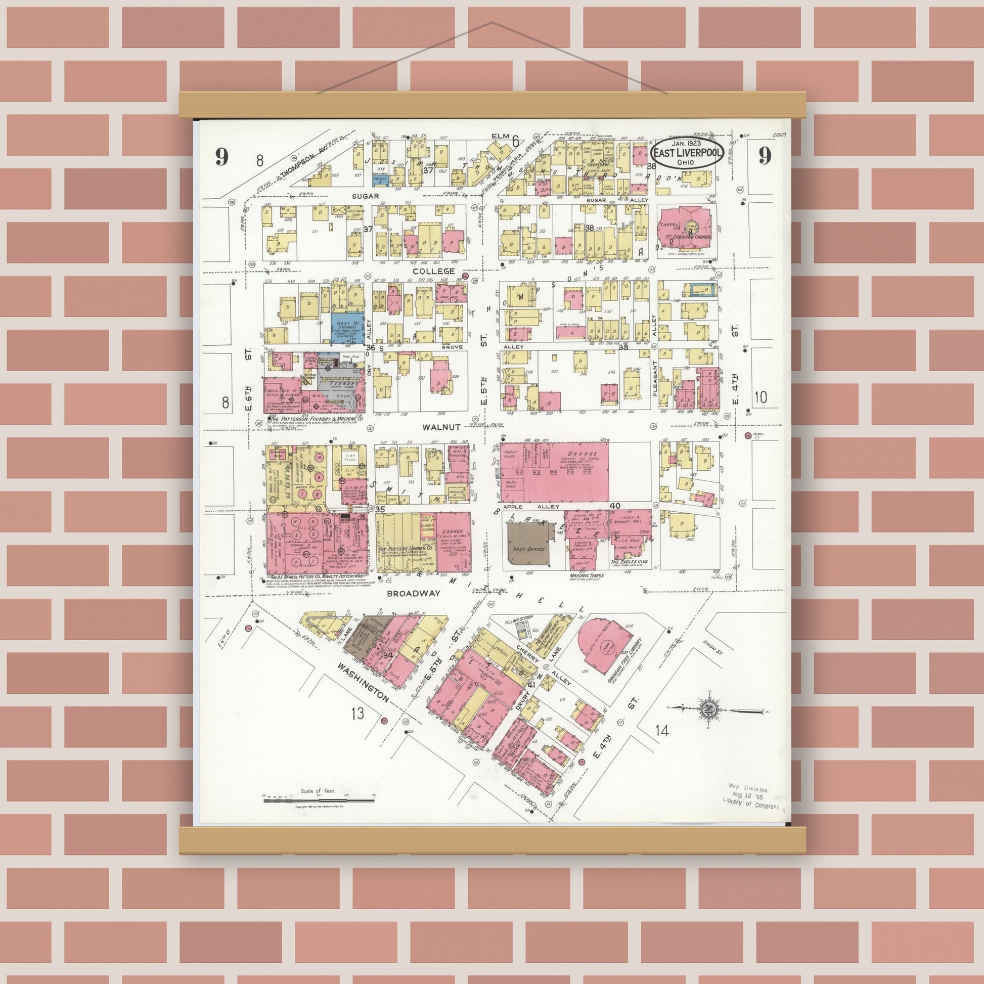 Old map wall art mockup — magnetic wood frame on brick wall — Sanborn Fire Insurance Map from East Liverpool, Columbiana County, Ohio (1923), Sheet #0009