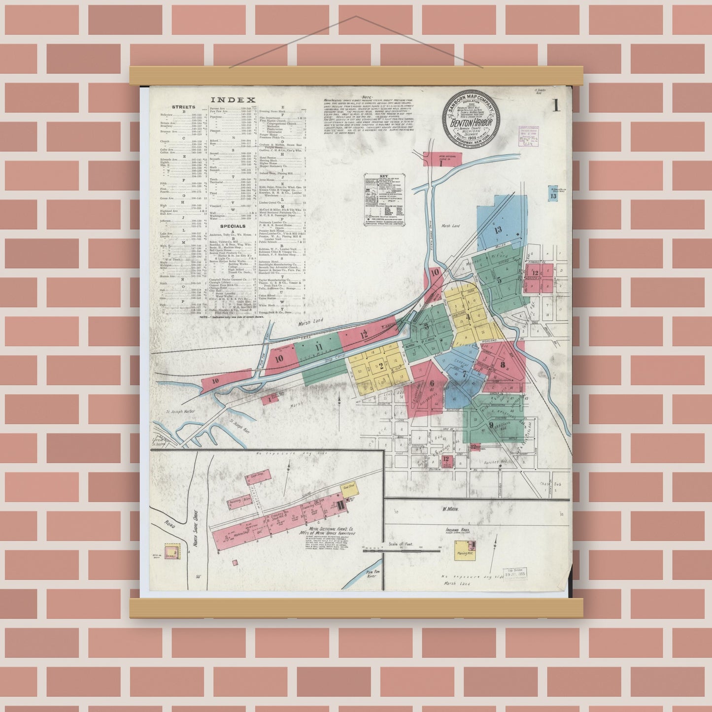 Old map wall art mockup — magnetic wood frame on brick wall — Sanborn Fire Insurance Map from Benton Harbor, Berrien County, Michigan (1905), Sheet #0001