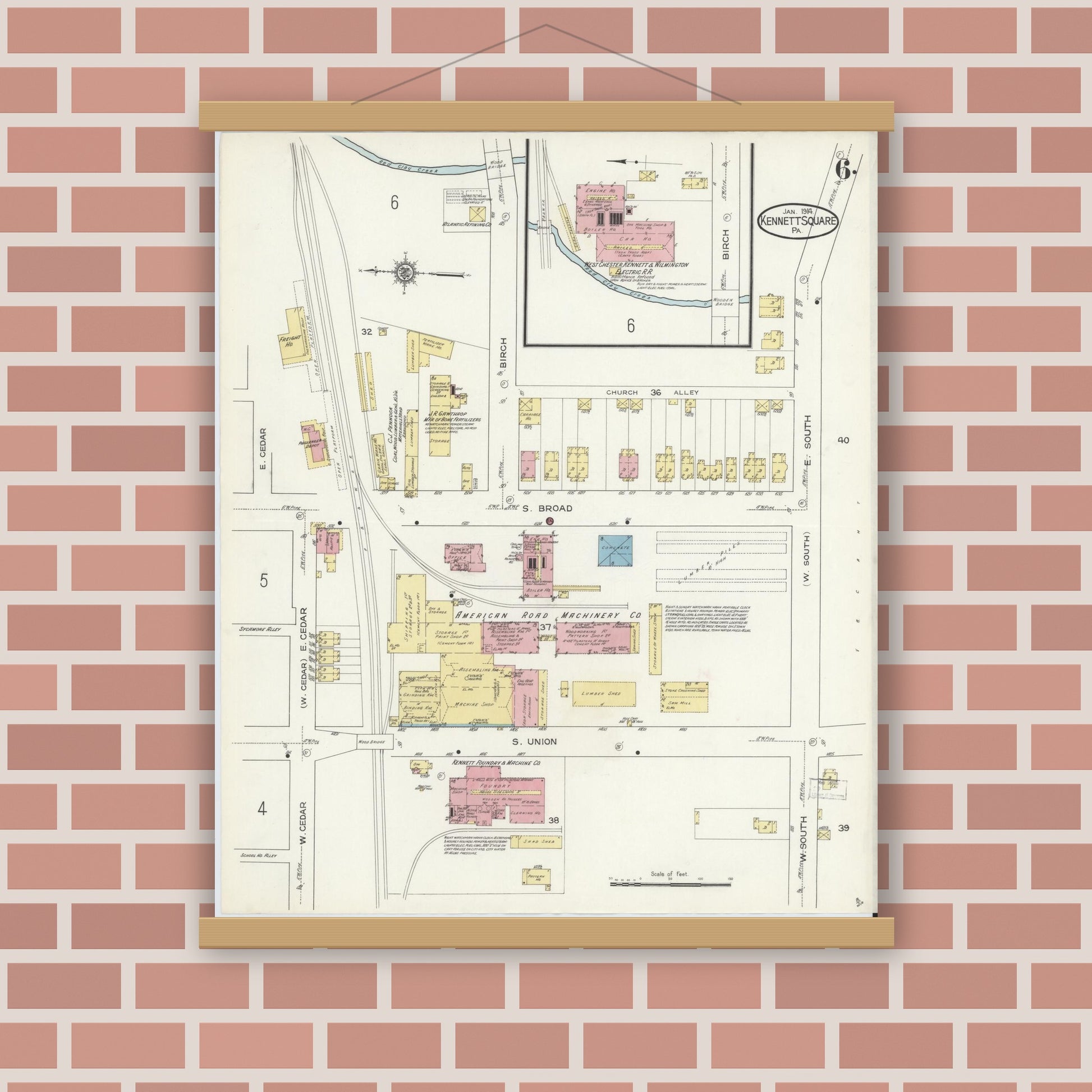 Old map wall art mockup — magnetic wood frame on brick wall — Sanborn Fire Insurance Map from Kennett Square, Chester County, Pennsylvania (1914), Sheet #0006