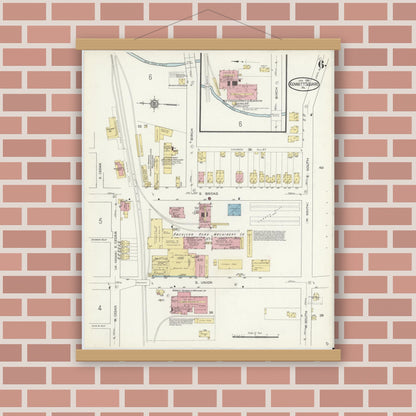 Old map wall art mockup — magnetic wood frame on brick wall — Sanborn Fire Insurance Map from Kennett Square, Chester County, Pennsylvania (1914), Sheet #0006