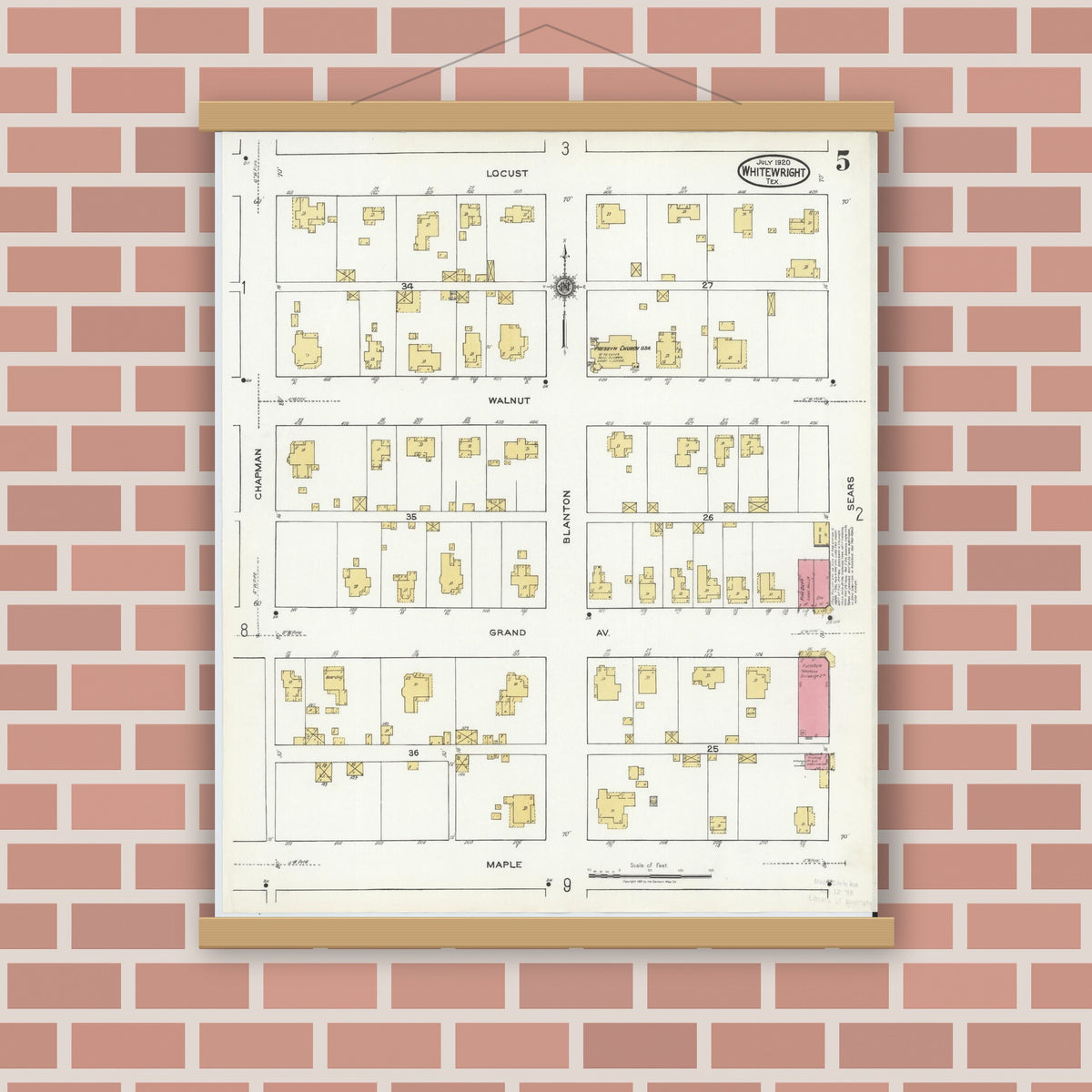 Old map wall art mockup — magnetic wood frame on brick wall — Sanborn Fire Insurance Map from Whitewright, Grayson County, Texas (1920), Sheet #0005