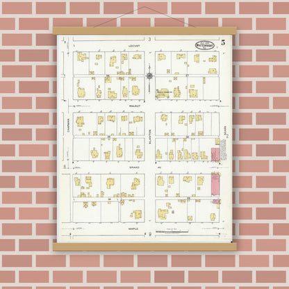 Old map wall art mockup — magnetic wood frame on brick wall — Sanborn Fire Insurance Map from Whitewright, Grayson County, Texas (1920), Sheet #0005