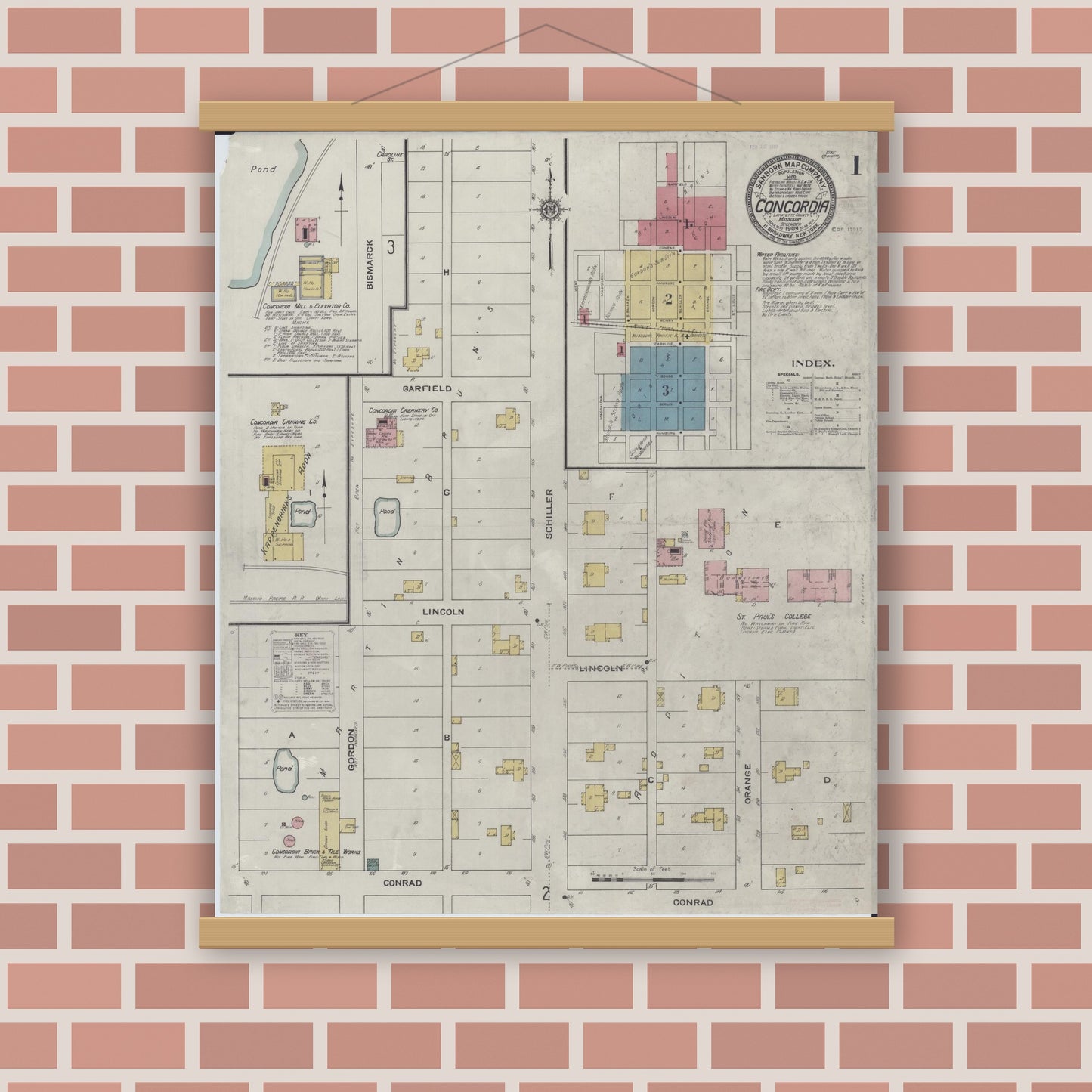 Old map wall art mockup — magnetic wood frame on brick wall — Sanborn Fire Insurance Map from Concordia, Lafayette County, Missouri (1909) - Complete Map Set