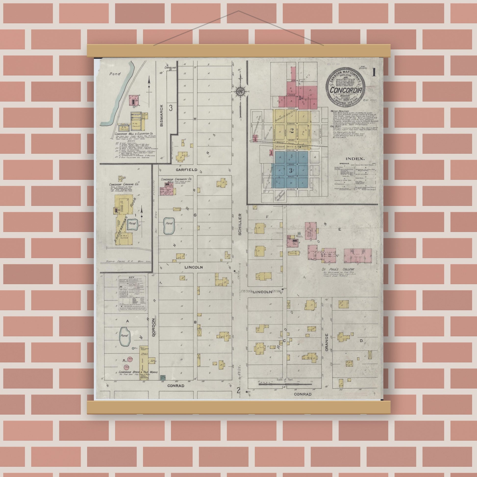 Old map wall art mockup — magnetic wood frame on brick wall — Sanborn Fire Insurance Map from Concordia, Lafayette County, Missouri (1909) - Complete Map Set