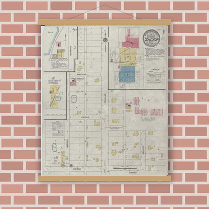 Old map wall art mockup — magnetic wood frame on brick wall — Sanborn Fire Insurance Map from Concordia, Lafayette County, Missouri (1909) - Complete Map Set