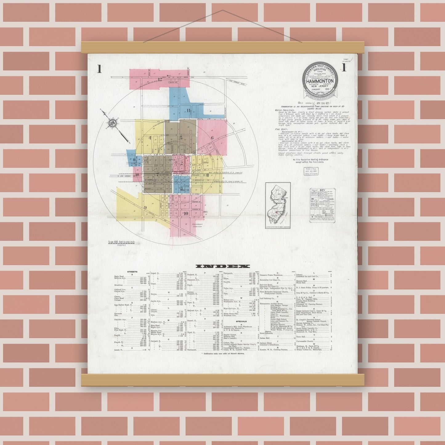 Old map wall art mockup — magnetic wood frame on brick wall — Sanborn Fire Insurance Map from Hammonton, Atlantic County, New Jersey (1930) - Complete Map Set