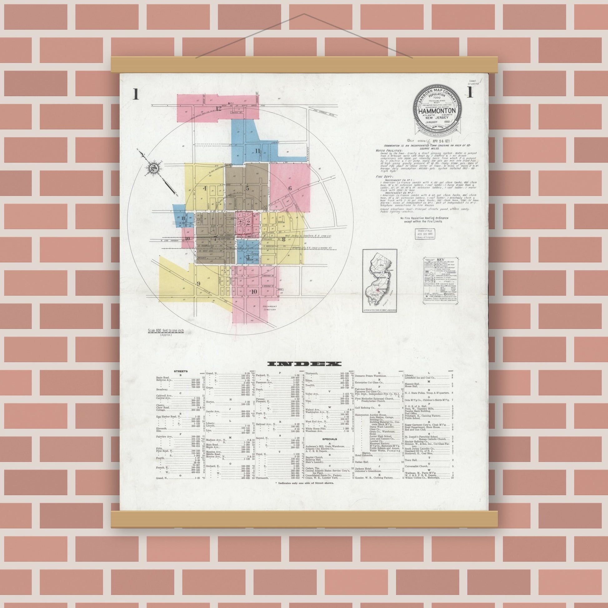 Old map wall art mockup — magnetic wood frame on brick wall — Sanborn Fire Insurance Map from Hammonton, Atlantic County, New Jersey (1930) - Complete Map Set