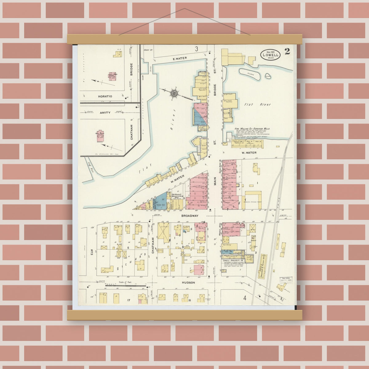 Old map wall art mockup — magnetic wood frame on brick wall — Sanborn Fire Insurance Map from Lowell, Kent County, Michigan (1910), Sheet #0004