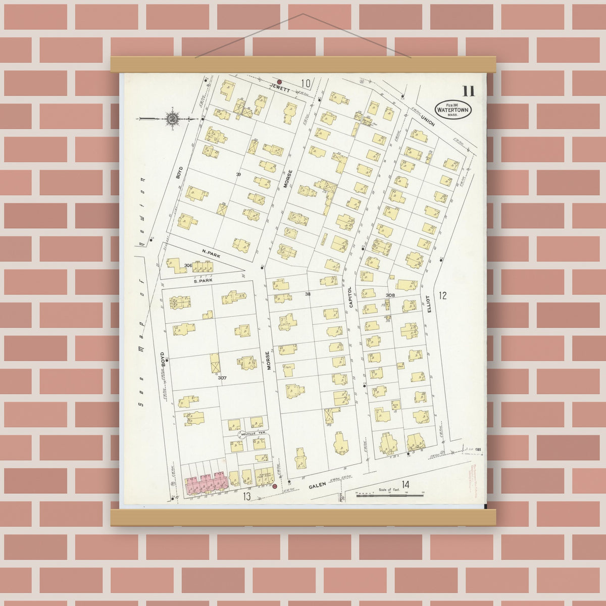 Old map wall art mockup — magnetic wood frame on brick wall — Sanborn Fire Insurance Map from Watertown, Middlesex County, Massachusetts (1911), Sheet #0011