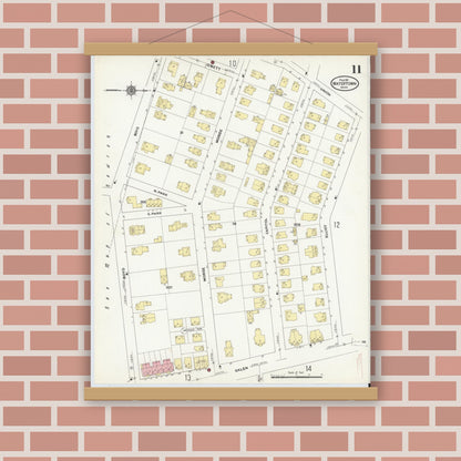 Old map wall art mockup — magnetic wood frame on brick wall — Sanborn Fire Insurance Map from Watertown, Middlesex County, Massachusetts (1911), Sheet #0011