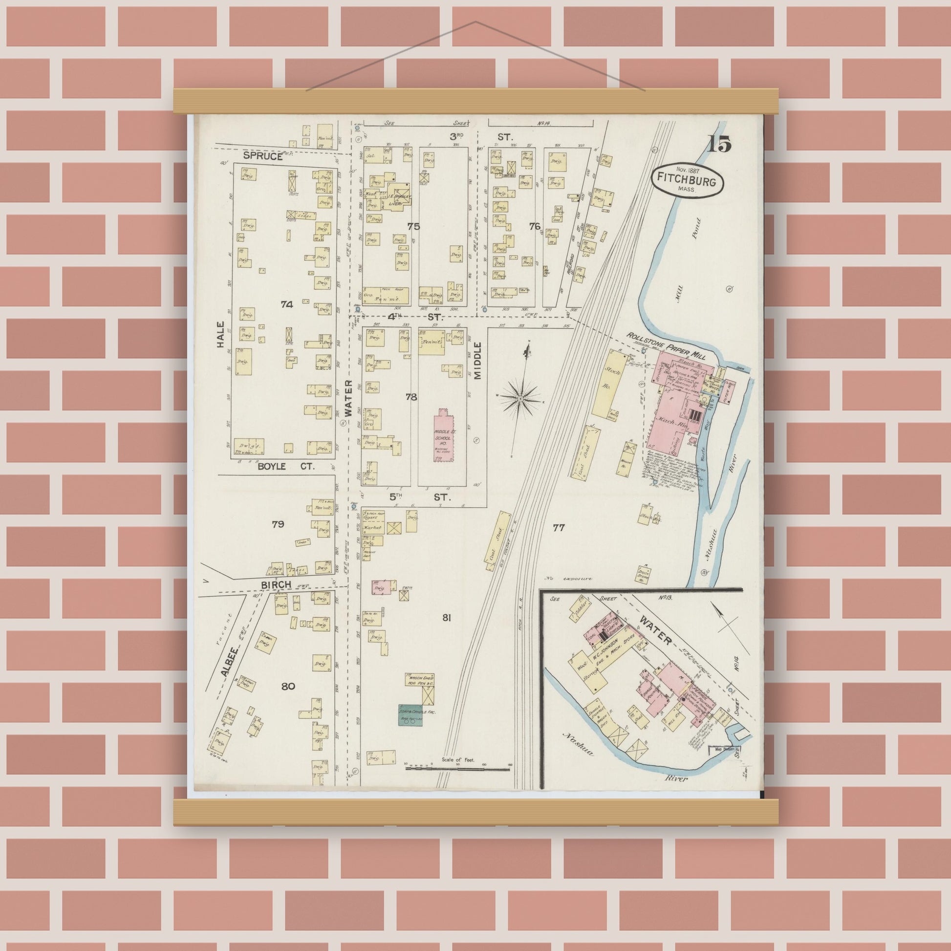 Old map wall art mockup — magnetic wood frame on brick wall — Sanborn Fire Insurance Map from Fitchburg, Worcester County, Massachusetts (1887), Sheet #0015