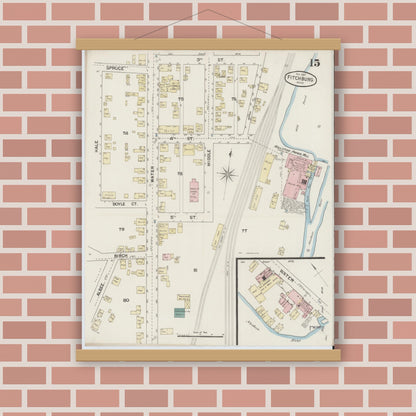 Old map wall art mockup — magnetic wood frame on brick wall — Sanborn Fire Insurance Map from Fitchburg, Worcester County, Massachusetts (1887), Sheet #0015
