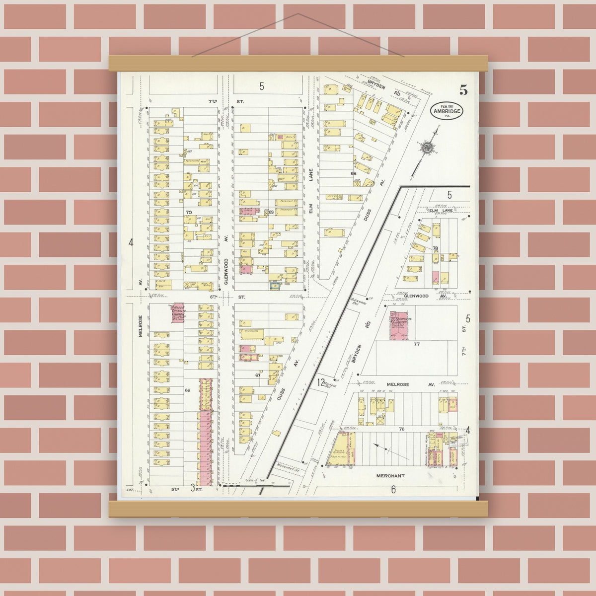 Old map wall art mockup — magnetic wood frame on brick wall — Sanborn Fire Insurance Map from Ambridge, Beaver County, Pennsylvania (1911), Sheet #0005