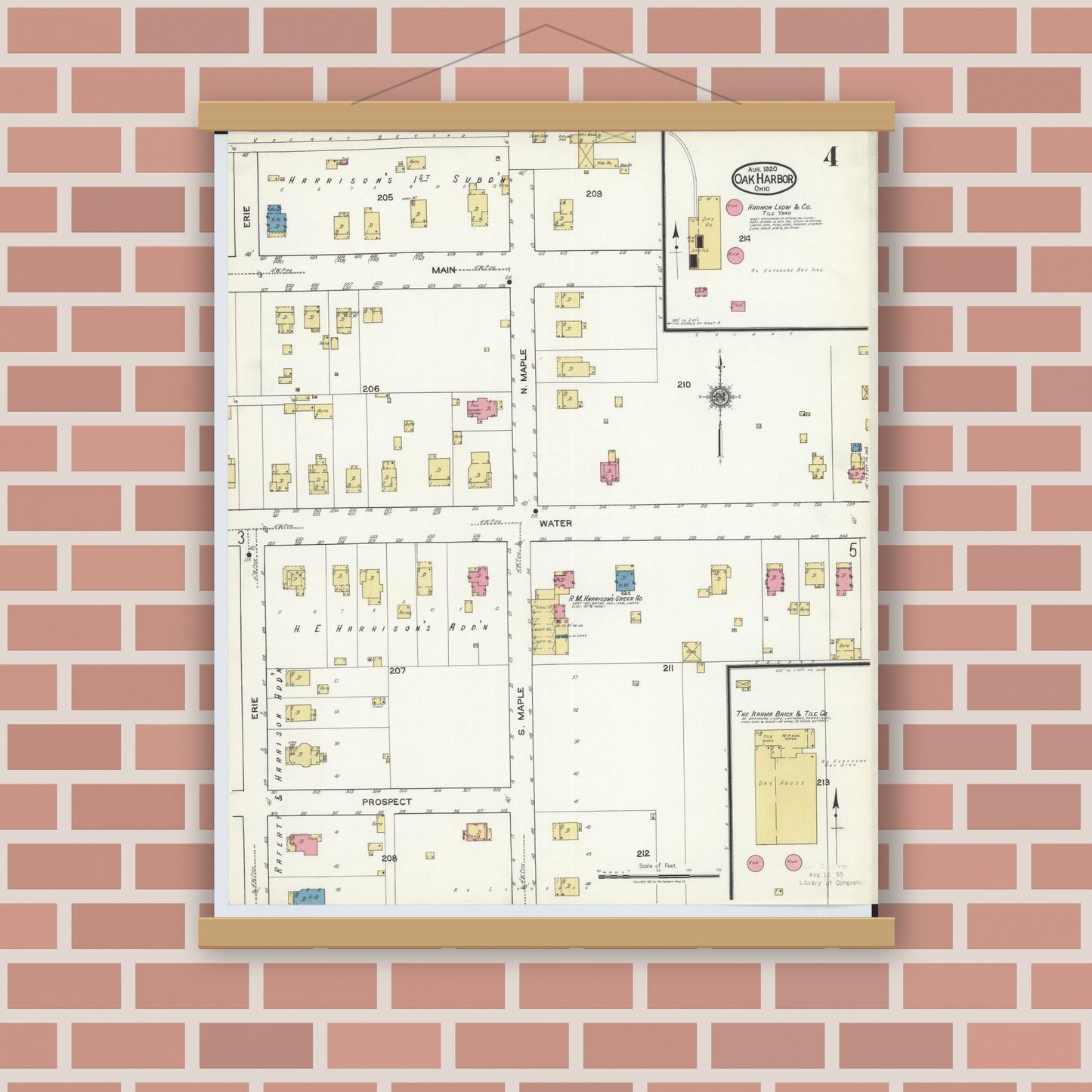 Old map wall art mockup — magnetic wood frame on brick wall — Sanborn Fire Insurance Map from Oak Harbor, Ottawa County, Ohio (1920), Sheet #0004